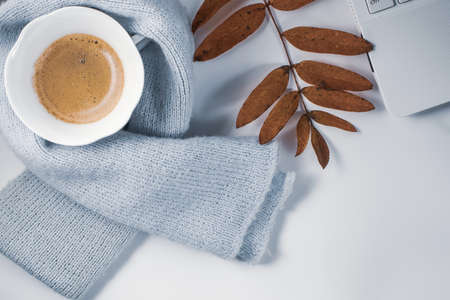 A cup of coffee with foam, a white laptop, a scarf, glasses, a pen and autumn leaves on a white background. Autumn mood.の写真素材