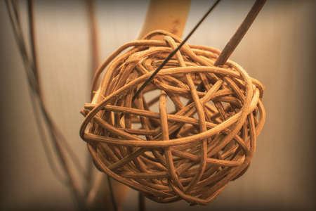 Decoration with a rattan ball on a tree branchの写真素材