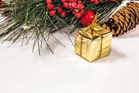 Christmas decorations and gifts on a white backgroundの写真素材