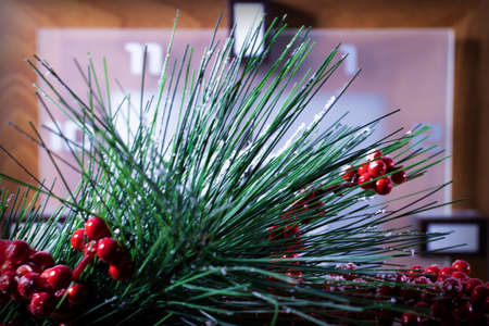 Christmas background with decorations and a clock before the New Yearの写真素材