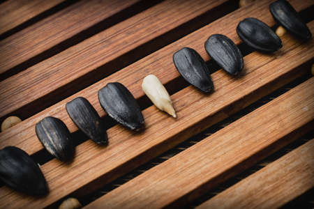 Row of sunflower seeds on wooden background, one open sunflower seedの写真素材
