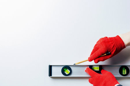 The hands of a worker in red protective gloves hold a hammer and a nail against a white wall. Home master conceptの写真素材