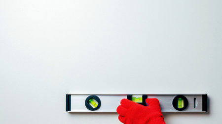 A worker's hands in red protective gloves hold a metal spirit level against a white wall. Home master conceptの写真素材