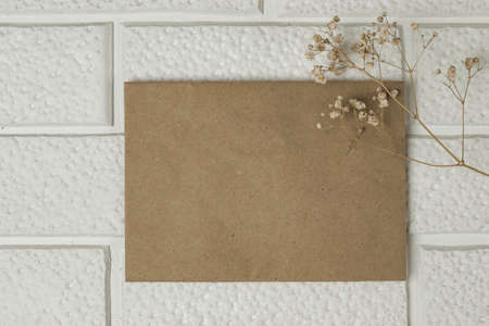 An old postal envelope and a sprig of dried gypsophila against a background of decorative white brickwork. Invitation mockup, vintageの写真素材