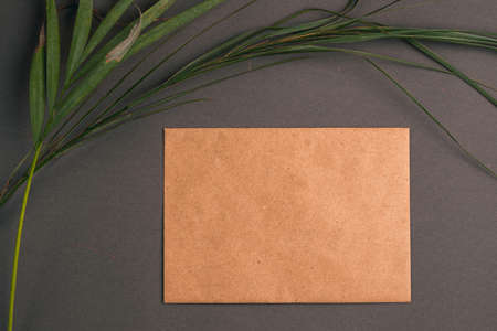 Blank vintage envelope mockup on gray background with dry palm leaves. Flat lay, top view. Tropical...