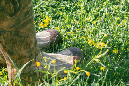 Legs in camouflage boots in green grass. Hiking conceptの写真素材