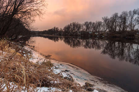 Morning in pink tones on the river starting to freeze. Trees on the shoreの写真素材