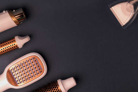 Layout of Hairdresser tools on dark background.の写真素材