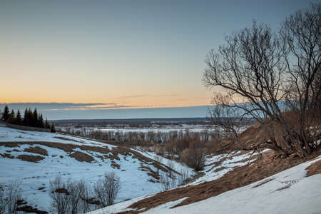 A tree on the slope of a ravine with dragging snow at sunset. The coming of springの写真素材