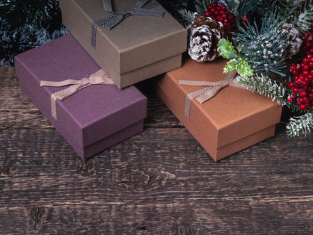 Christmas retro boxes with gifts under a decorated Christmas tree.の写真素材
