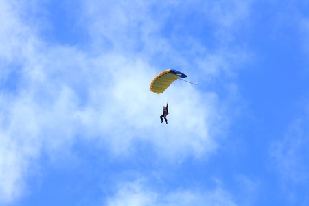 WATERDOWN, ONTARIO CANADA - AUGUST 2013  Skydiver after opening of the parachute on the way to the...