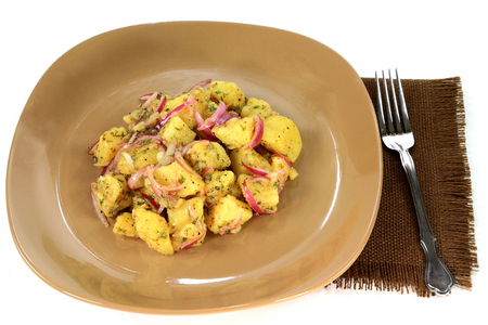 Potato salad-boiled chopped potatoes, wedges red onion, seasoned with parsley flakes, grained black pepper, olive oil, sea salt, lemon juice on brown dish over brown placemats and white backgroundの写真素材