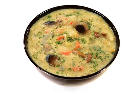 Mediterranean Style Vegetables soup with home marinated wild mushrooms and added yogurt and egg seasoned with parsley flakes and olive oil served in black porcelain bowl isolated over whiteの写真素材