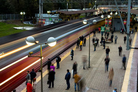 Moscow;Russia,September -twenty sixth-Two thousand sixteen year;after the end of working day,  people depart home on trainのeditorial素材