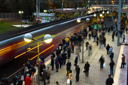Moscow;Russia,September -twenty sixth-Two thousand sixteen year;after the end of working day,  people depart home on trainのeditorial素材