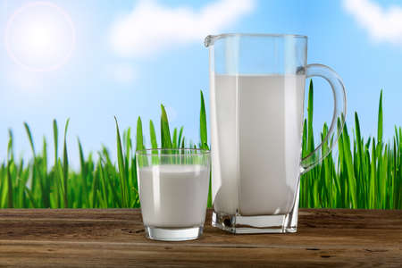 glass and carafe with milkの写真素材