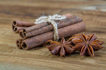 Cinnamon on a wooden backgroundの写真素材