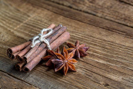 cinnamon on a wooden backgroundの写真素材