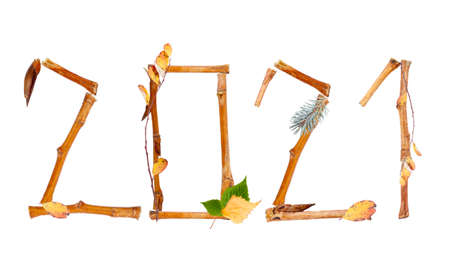 The number 2021 is composed of dry twigs are isolated on a white backgroundの写真素材
