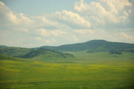 High hills overgrown with grass in the endless steppe under the summer cloudy sky. Khakassia, South Siberia, Russia.の写真素材