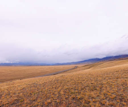 The road going through the spring steppe under the heap of clouds of a storm front. Kuraiskaya...