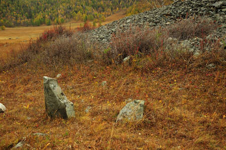 Ancient stone menhirs at the remains of a large mound. Bashadar burial mounds, Karakol valley, Altai, Siberia, Russia.の写真素材