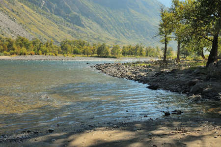 A winding bed of a beautiful mountain river flowing along the bottom of a narrow canyon. Chulyshman River, Altai, Siberia, Russia.の写真素材