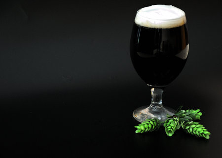 A glass tall glass of dark beer with white foam and ripe hops on a black background. close-up.の写真素材