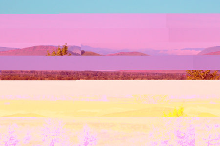 Panoramic view of the endless steppe through a dense birch forest at the foot of high mountains with clouds on the tops on a sunny summer day. Khakassia, Siberia, Russia.の写真素材