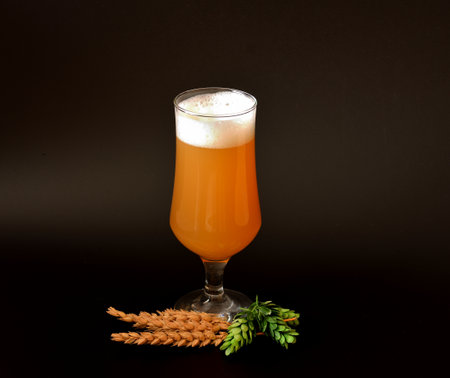 A tall glass of fresh wheat beer with white foam on a black background, next to ripe hops and ears...