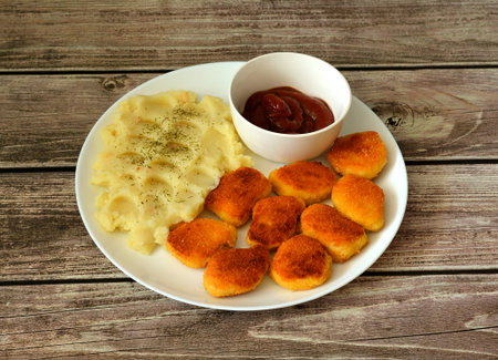 Chicken nuggets with mashed potatoes and a cup of tomato sauce on a wooden table. Top view, flat lay.の写真素材