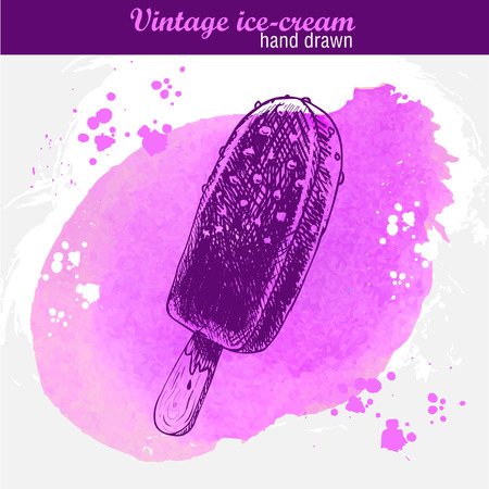 Hand drawn sketch style chocolate ice cream lolly. Ice cream on wood stick. Watercolor backgroundのイラスト素材