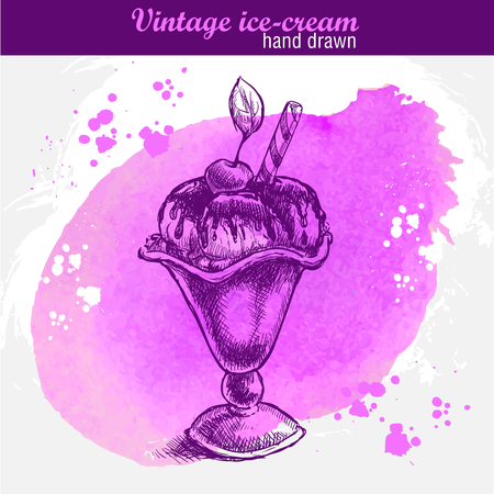 Vintage hand drawn vanilla ice cream with sauce, wafer, sweet cherry in cup. Watercolor backgroundのイラスト素材