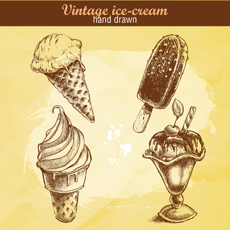 Set of vintage hand drawn ice cream on watercolor backgroundのイラスト素材