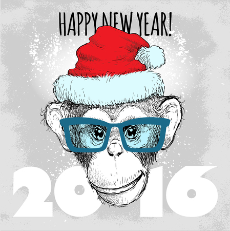 Chimpanzee monkey Hipster with blue glasses and Christmas hat. Merry Christmas and Happy New Year vector illustration for placard design, posters, fashion print and textileのイラスト素材