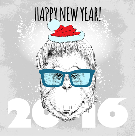 Orangutan monkey Hipster with blue glasses and Christmas hat. Merry Christmas and Happy New Year vector illustration for placard design, posters, fashion print and textileのイラスト素材