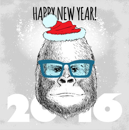 Gorilla monkey Hipster with blue glasses and Christmas hat. Merry Christmas and Happy New Year vector illustration for placard design, posters, fashion print and textileのイラスト素材