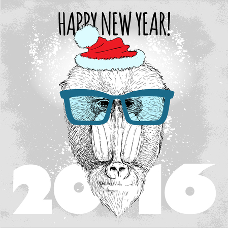 Mandrill monkey Hipster with blue glasses and Christmas hat. Merry Christmas and Happy New Year vector illustration for placard design, posters, fashion print and textileのイラスト素材