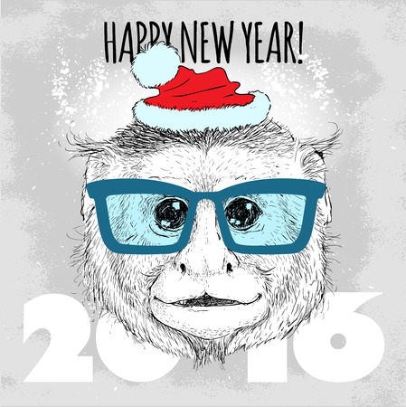 Capuchin monkey Hipster with blue glasses and Christmas hat. Merry Christmas and Happy New Year vector illustration for placard design, posters, fashion print and textileのイラスト素材