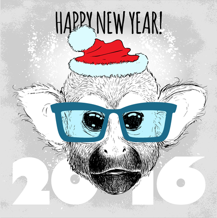 Squirrel monkey Hipster with blue glasses and Christmas hat. Merry Christmas and Happy New Year vector illustration for placard design, posters, fashion print and textileのイラスト素材