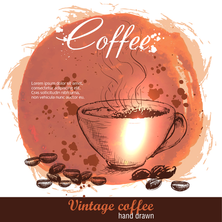 Vintage hand drawn coffee cup with cofee beans. Sketch style on watercolor grunge backgroundのイラスト素材