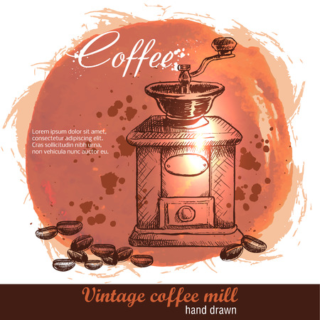 Vintage hand drawn coffee mill with lot of coffee beans. Sketch style. Watercolor background.のイラスト素材