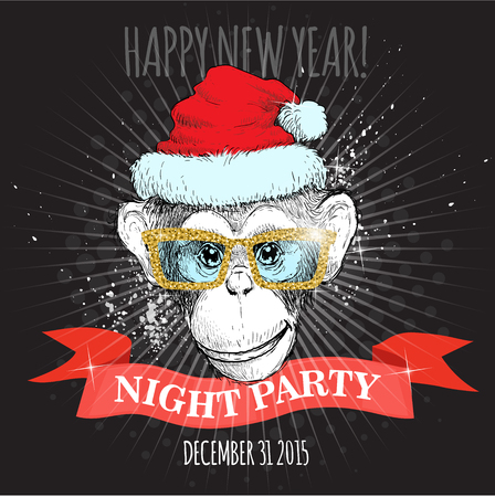 Happy new year night party poster. Chimpanzee monkey Hipster with glitter glasses and Christmas hat. Hand drawn sketch vector illustration for posters, invitations and party flyers.のイラスト素材
