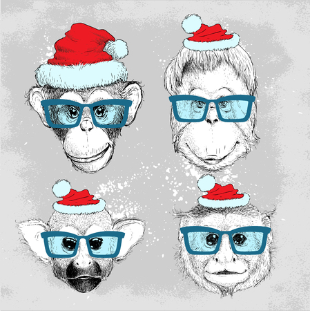 Hipster monkey faces set with blue glasses and Christmas hat. Merry Christmas and Happy New Year vector illustration for placard design, posters, fashion print and textileのイラスト素材
