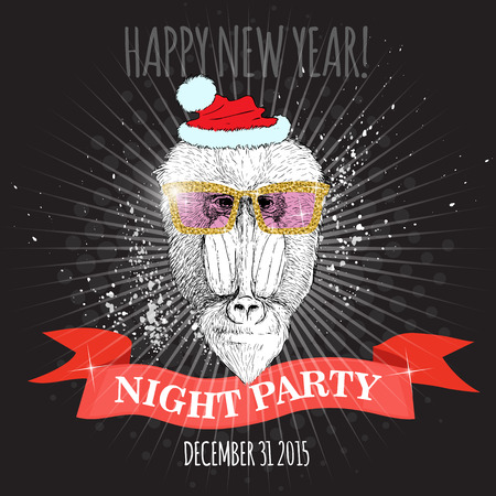 Happy new year night party poster. Mandrill monkey Hipster with glitter glasses and Christmas hat. Hand drawn sketch vector illustration for posters, invitations and party flyers.のイラスト素材