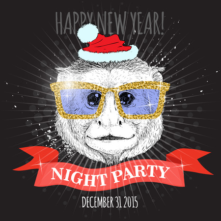 Happy new year night party poster. Capuchin monkey Hipster with glitter glasses and Christmas hat. Hand drawn sketch vector illustration for posters, invitations and party flyers.のイラスト素材