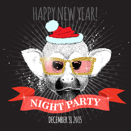 Happy new year night party poster. Squirrel monkey Hipster with glitter glasses and Christmas hat. Hand drawn sketch vector illustration for posters, invitations and party flyers.のイラスト素材