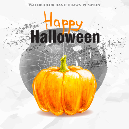 Happy Halloween party design on old paper and gray watercolor circle background. Watercolor hand drawn pumpkin. Vector illustrationのイラスト素材