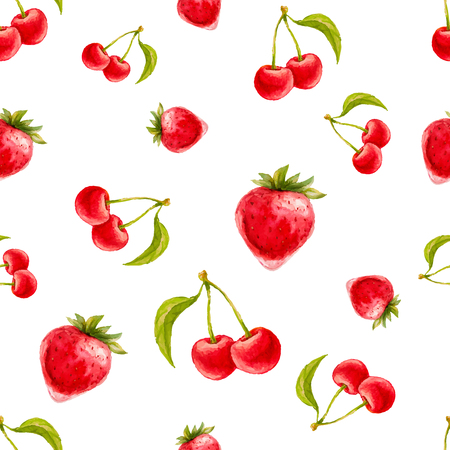 Watercolor seamless pattern with strawberries and cherries. Hand drawn design. Vector summer fruit illustration.のイラスト素材