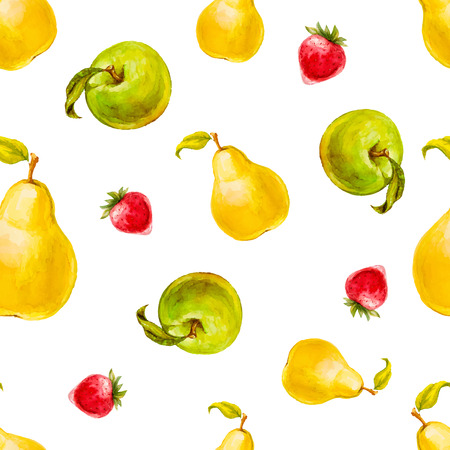 Watercolor seamless pattern with strawberries, pears and green apples. Hand drawn design. Vector summer fruit illustration.のイラスト素材